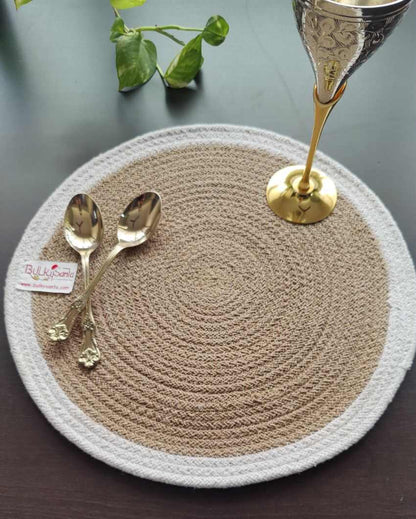 Beige & White Cotton Heat Resistant and Reversible Place Mats with Round Table Mats | Pack Of 8