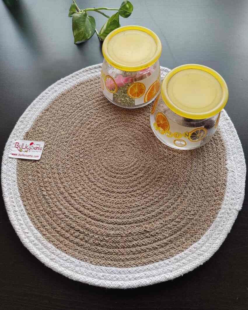 Beige & White Cotton Heat Resistant and Reversible Place Mats with Round Table Mats | Pack Of 8