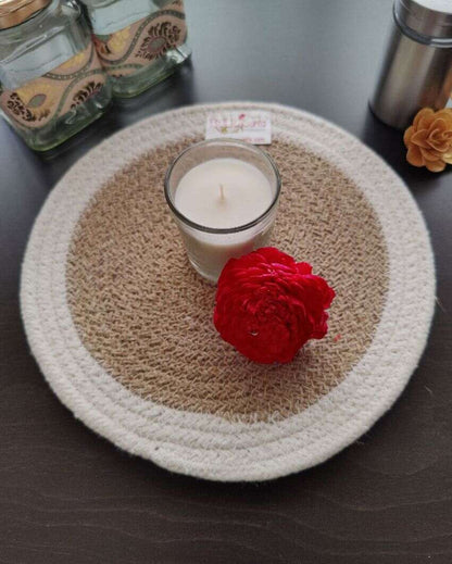 Beige & White Cotton Heat Resistant and Reversible Place Mats with Round Table Mats | Pack Of 8