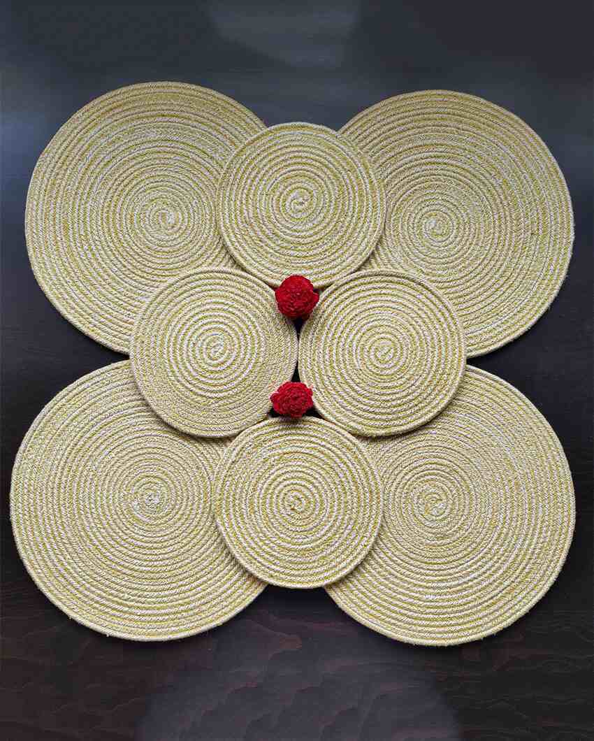 Yellow Cotton Heat Resistant and Reversible Place Mats with Round Table Mats | Pack Of 8