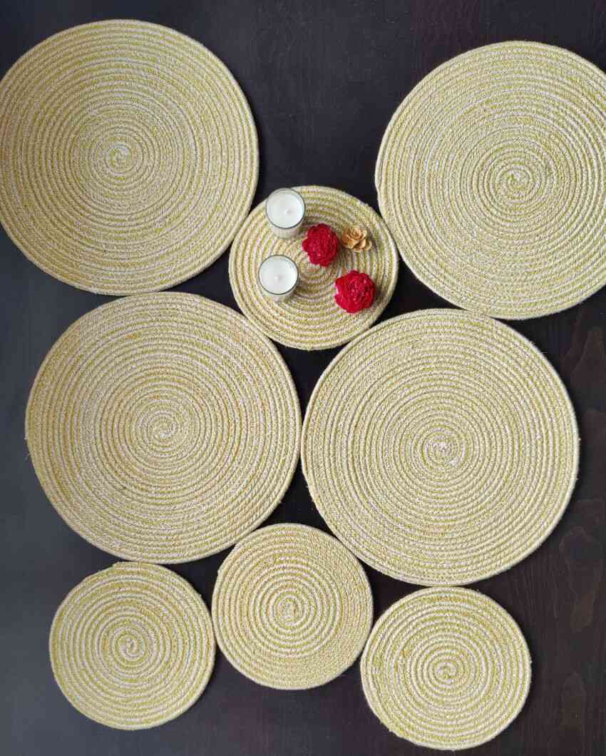 Yellow Cotton Heat Resistant and Reversible Place Mats with Round Table Mats | Pack Of 8