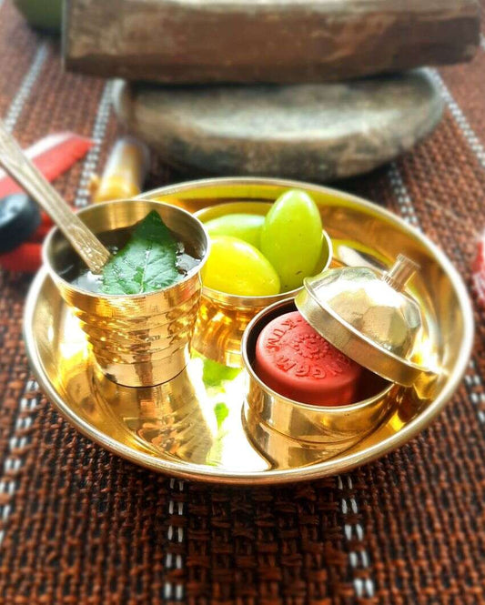 Brass Small Pooja Bhog Thali Set Without Box | 5 Pieces | 4 X 4 X 2 inches