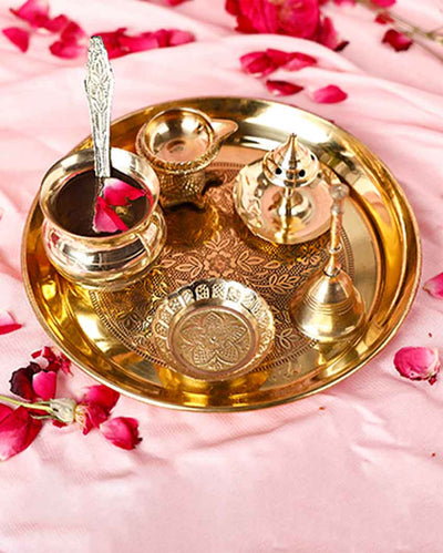 Beautiful Brass Pooja Thali Set Without Box | 7 Pieces