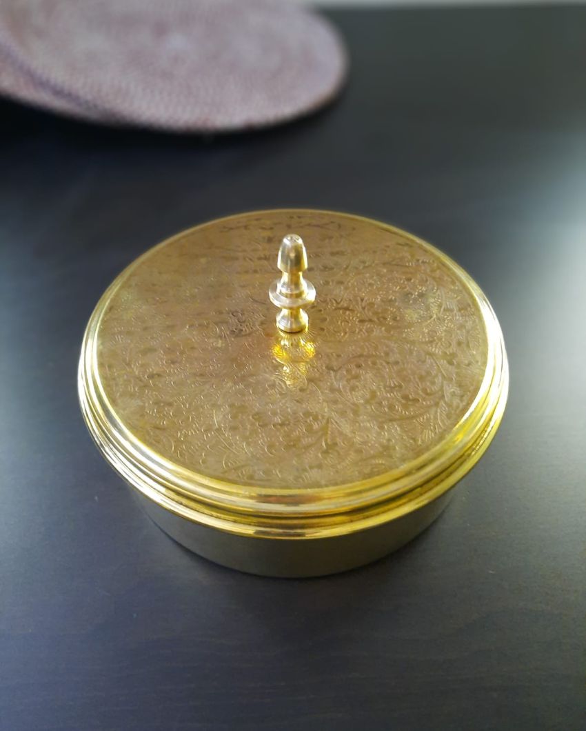 Brass 7 Containers and Spoon Spice Box with Inner Brass Lid For Kitchen | 7 x 2.5 inches