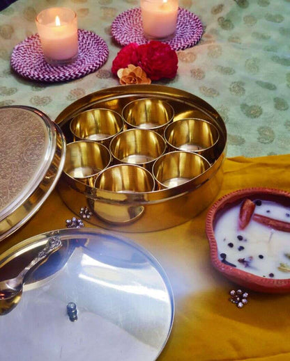 Brass 7 Containers and Spoon Spice Box with Inner Brass Lid For Kitchen | 7 x 2.5 inches