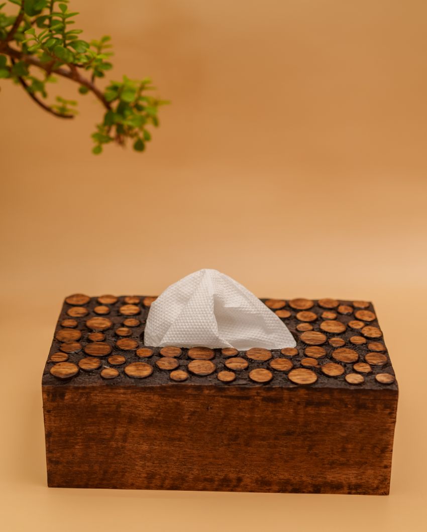 Dotted Wooden Brown Napkin Box | 9 x 5 x 3 inches