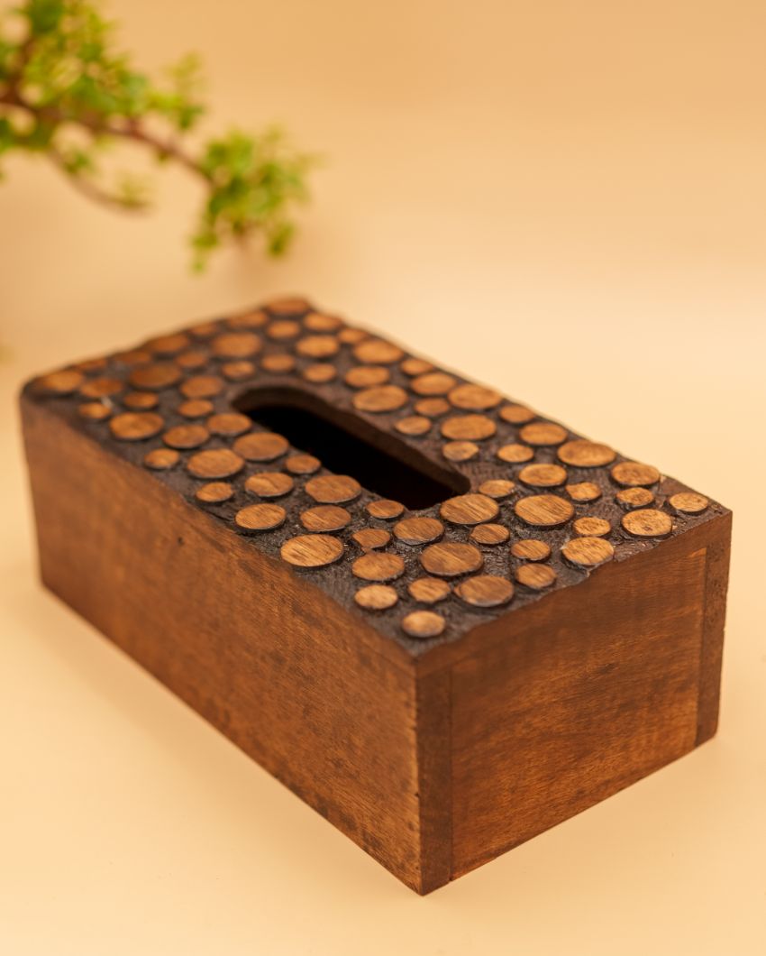 Dotted Wooden Brown Napkin Box | 9 x 5 x 3 inches