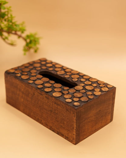 Dotted Wooden Brown Napkin Box | 9 x 5 x 3 inches