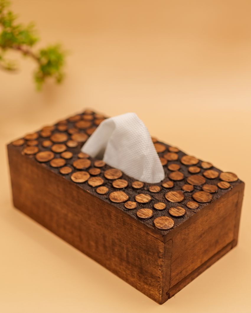 Dotted Wooden Brown Napkin Box | 9 x 5 x 3 inches