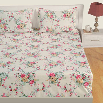 Satin Off White Floral Premium Print Cotton Bedding Set King Size