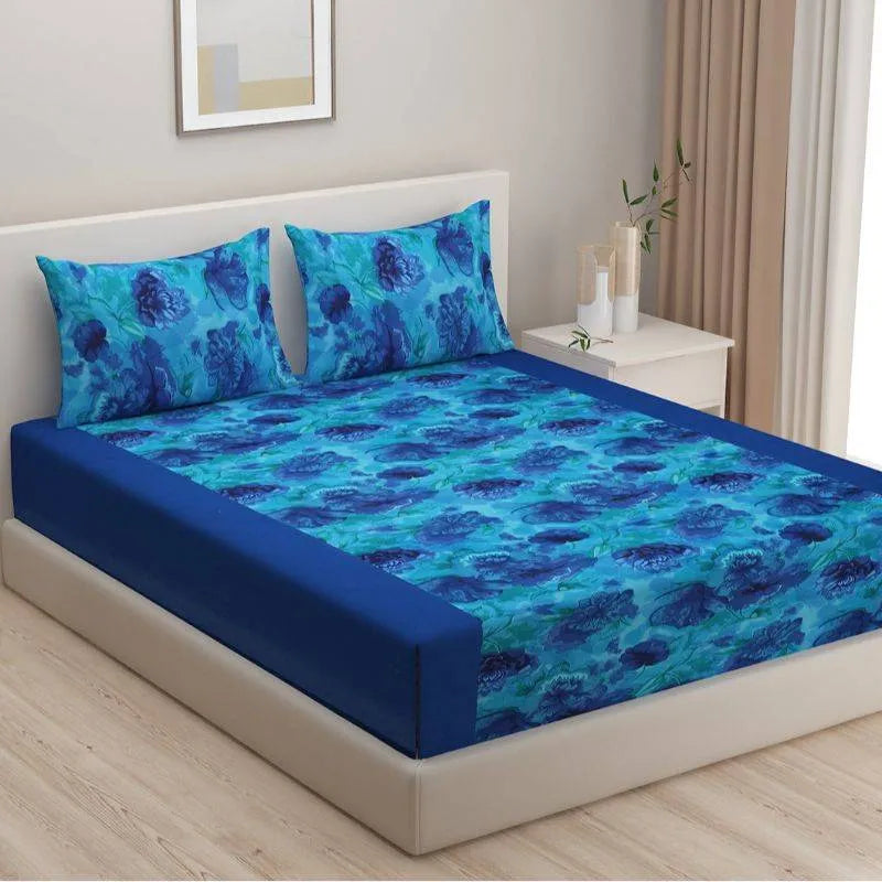 Blue Floral Shadow Print Cotton Bedding Set King Size