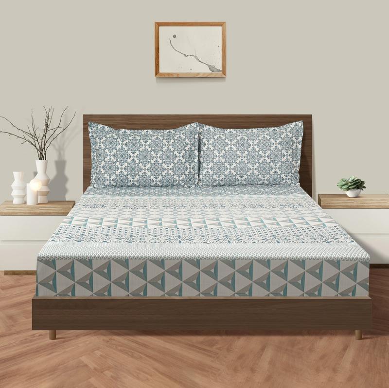 Blue Color Flower Print Cotton Bedding Set King Size