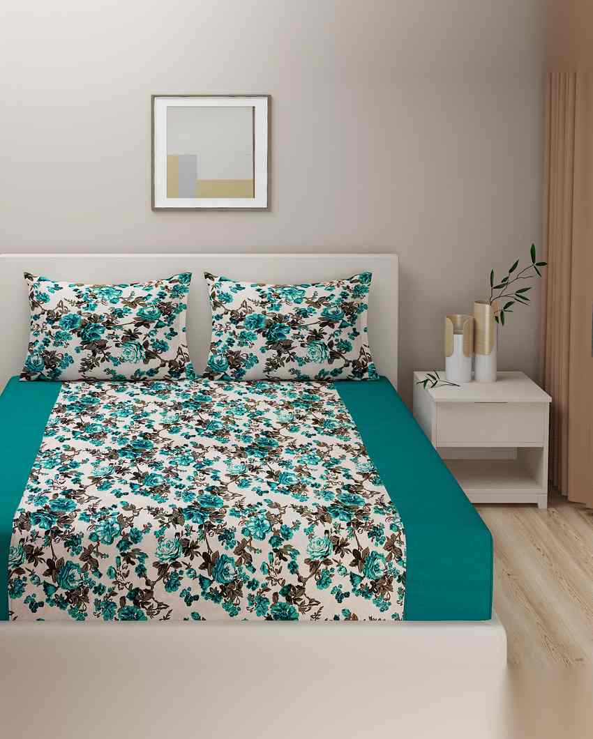 Elegant Floral Print Shades Of Paradise Pure Cotton One King Bedsheet With Two Pillow Covers Set | 108 x 108 inches