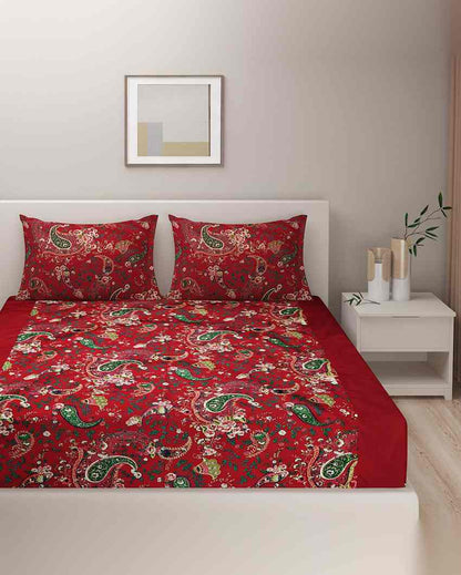 Sophisticated Floral Print Shades Of Paradise Pure Cotton One King Bedsheet With Two Pillow Covers Set | 108 x 108 inches