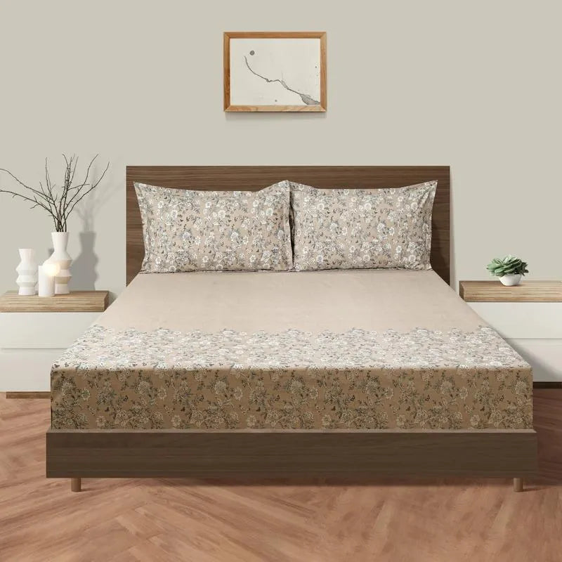 Beige Roses Floral Print Cotton Double Bedding Set King Size