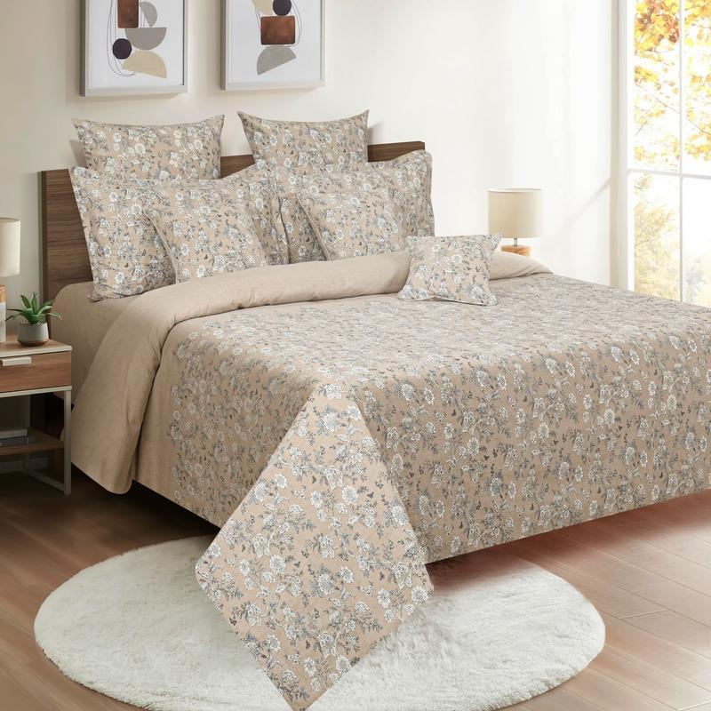 Beige Roses Floral Print Cotton Double Bedding Set King Size