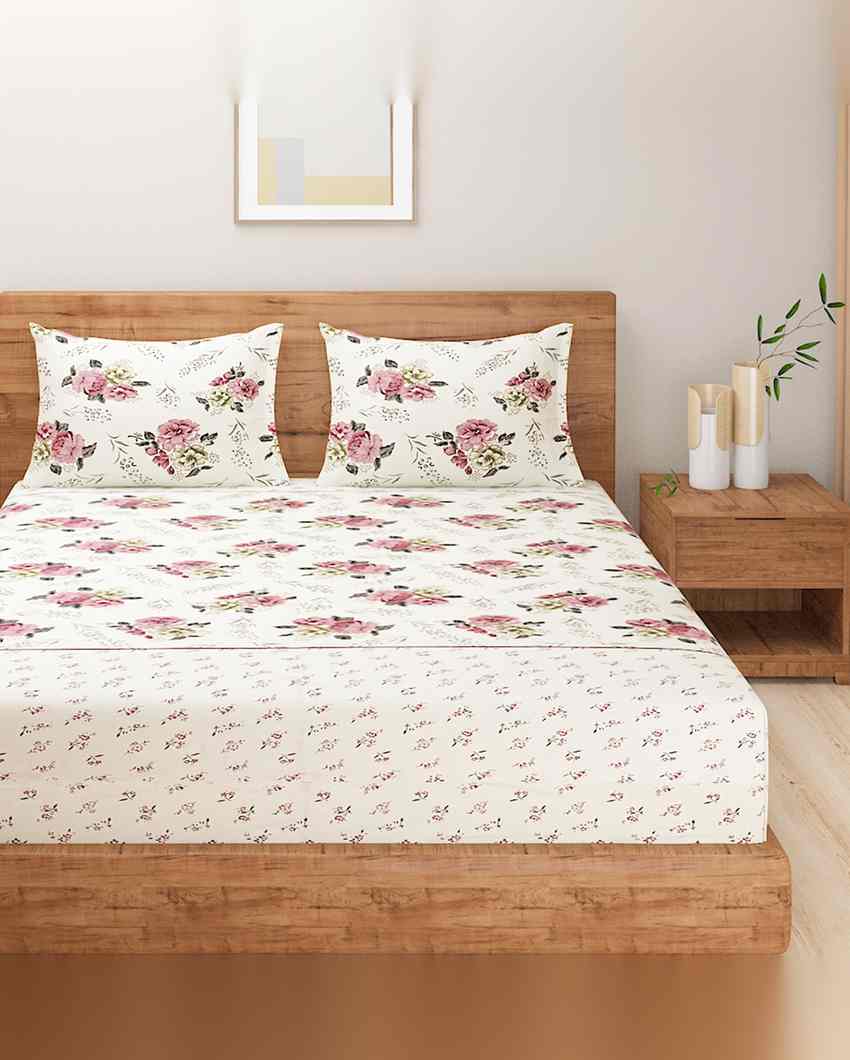 Classic Zinnia Floral Print Mercerized Pure Cotton One Bedsheet With Two Pillow Covers Set