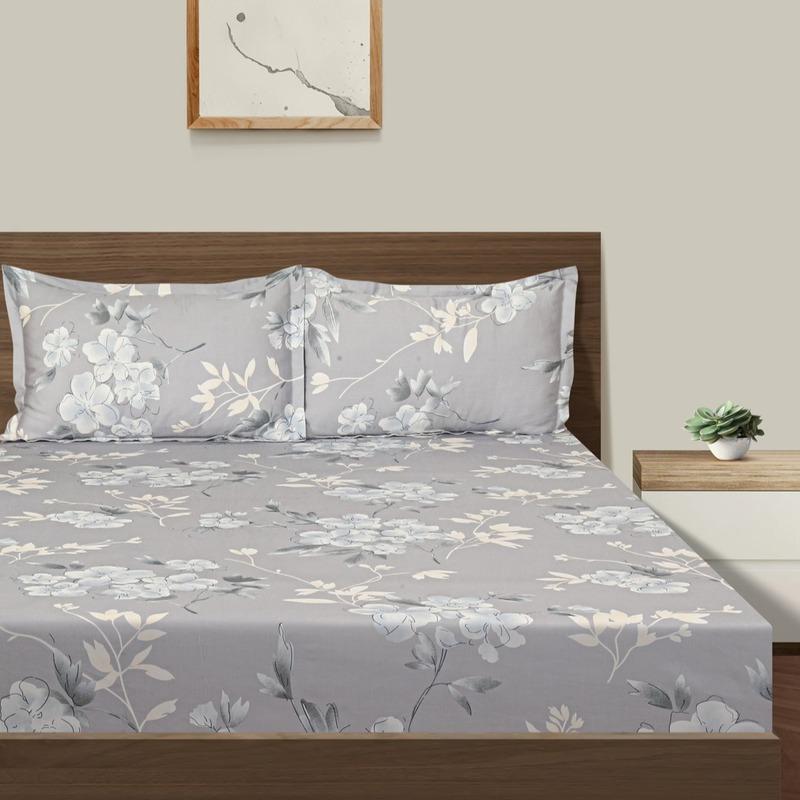 Big Floral Grey Print Cotton Satin Bedding Set King Size
