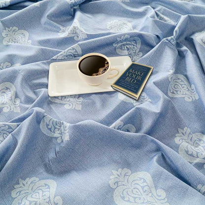 Classy Sky Blue Floral Print Cotton Bedding Set King Size