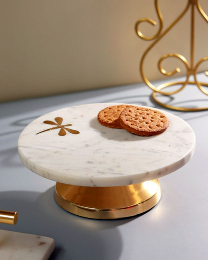 Unique White & Golden Shade Dragonfly Cake Stand | 8 x 5 inches