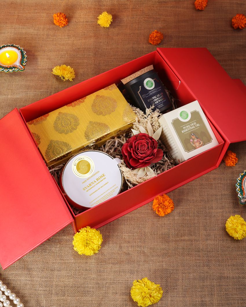 Rose Oudh Candle with Essential Oil & Diya Gift Hamper