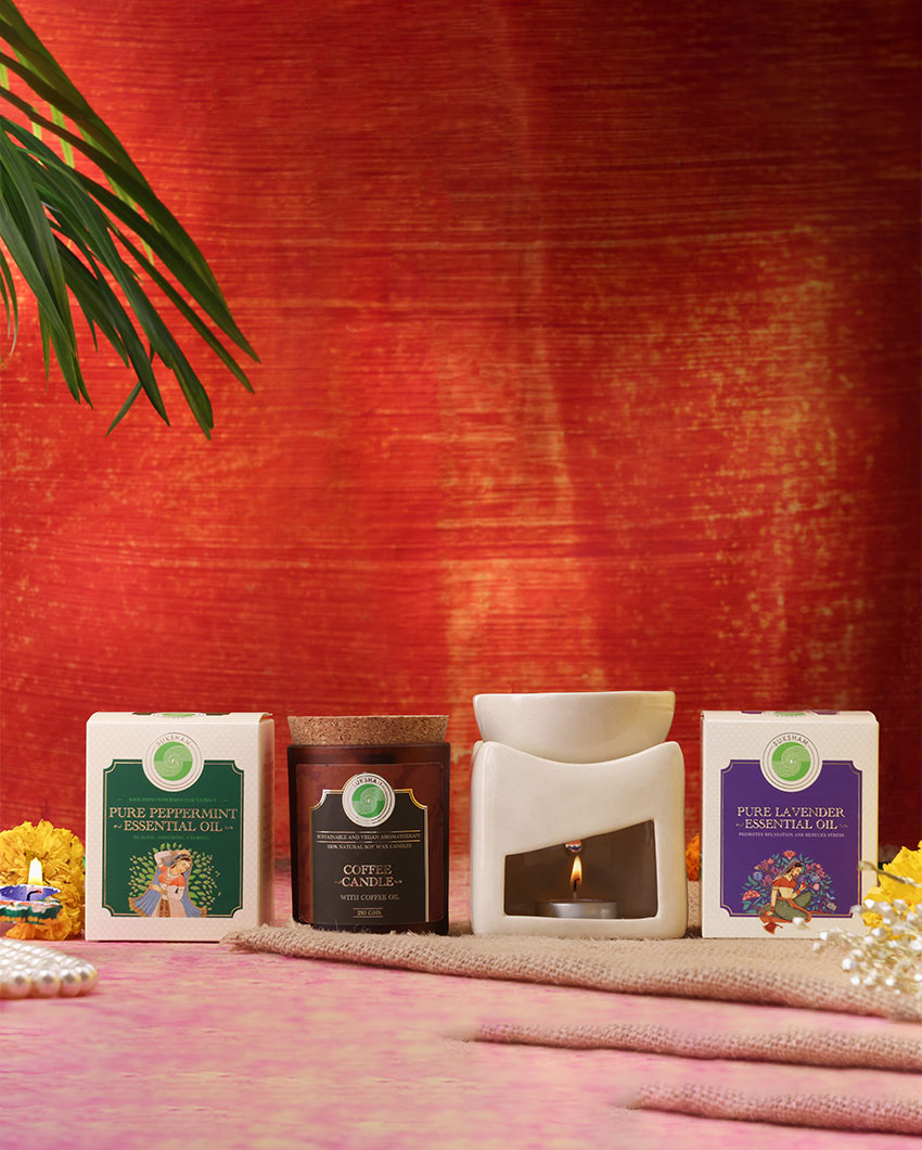 Coffee Candle with Peppermint Lavender Essential Oil & Diffuser Gift Hamper