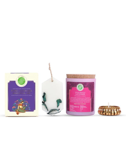 Serene Lavender Candle with Wax Tablets Essential Oil & Diya Gift Hamper