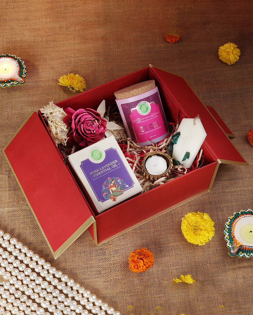 Serene Lavender Candle with Wax Tablets Essential Oil & Diya Gift Hamper