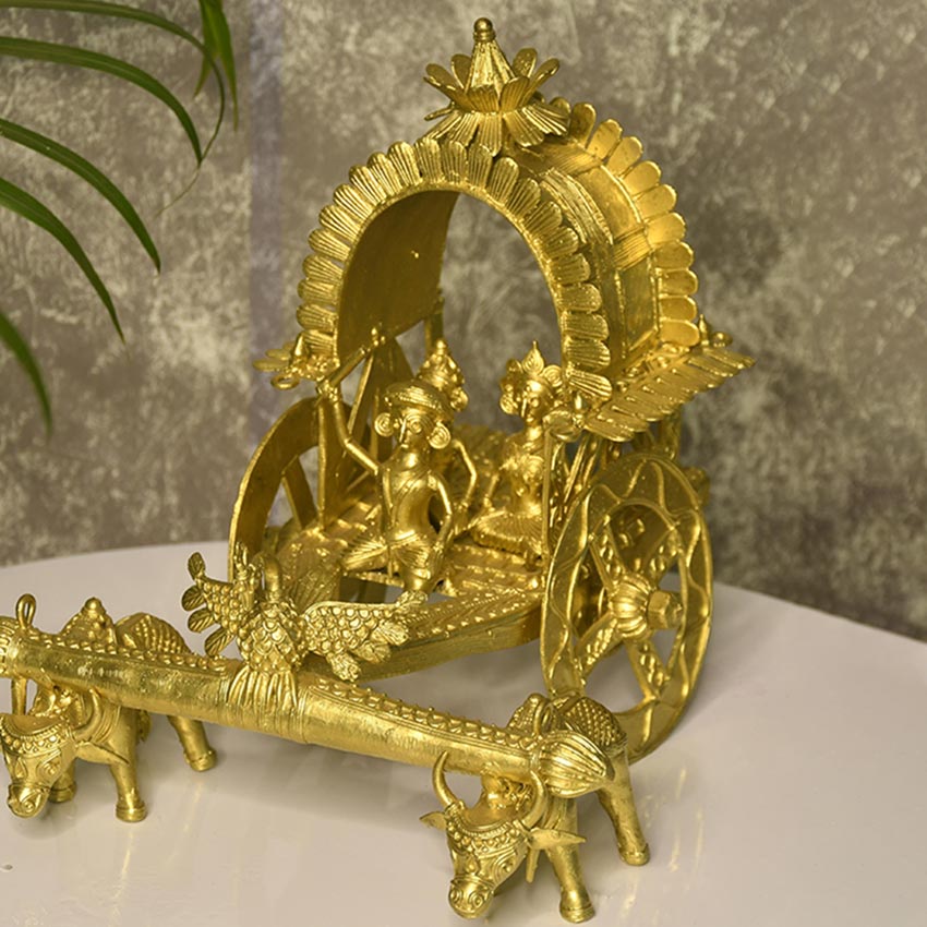 Large Dhokra Golden Cow Cart Showpiece | 10 x 8 inches