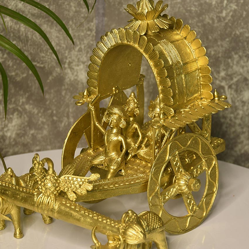 Large Dhokra Golden Cow Cart Showpiece | 10 x 8 inches