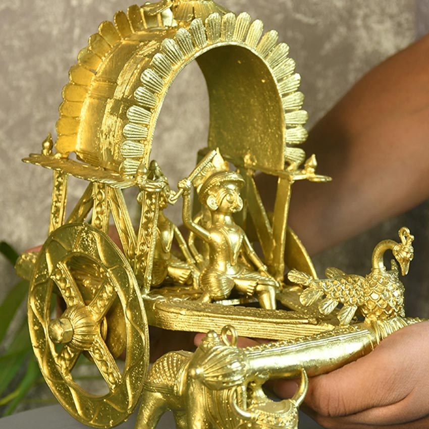 Large Dhokra Golden Cow Cart Showpiece | 10 x 8 inches