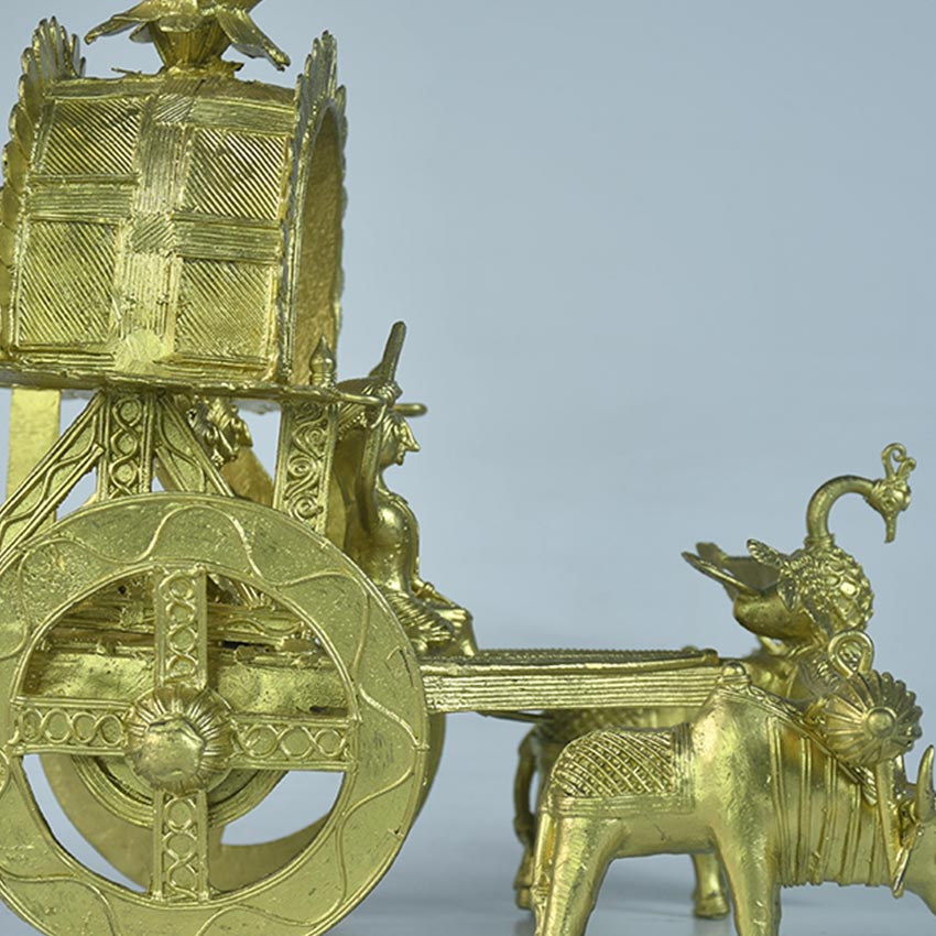 Large Dhokra Golden Cow Cart Showpiece | 10 x 8 inches