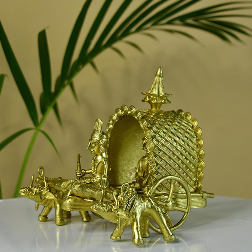 Handmade Golden Cow Cart Tabletop Figurine Showpiece | 8 x 6 inches