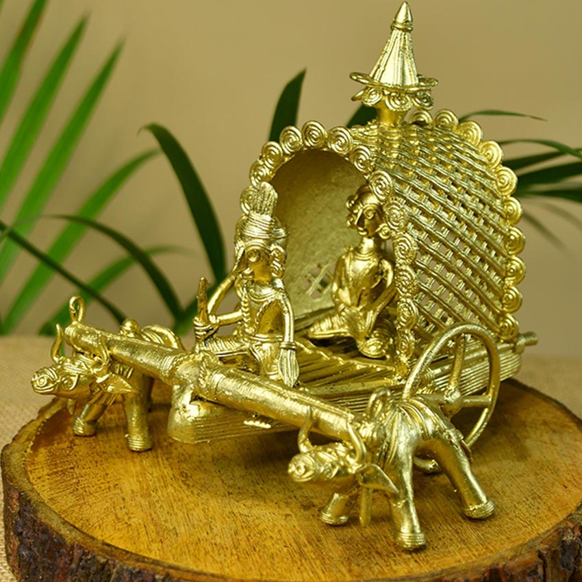 Handmade Golden Cow Cart Tabletop Figurine Showpiece | 8 x 6 inches