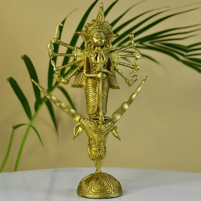 Dhokra Golden Goddess Durga Mahishasur Mardini Idol | 5 x 2 x 10 inches