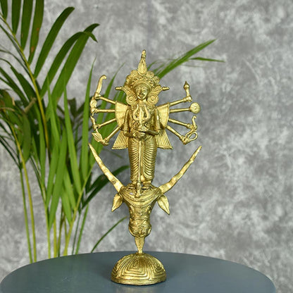 Dhokra Golden Goddess Durga Mahishasur Mardini Idol | 5 x 2 x 10 inches