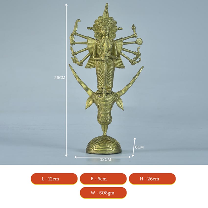 Dhokra Golden Goddess Durga Mahishasur Mardini Idol | 5 x 2 x 10 inches