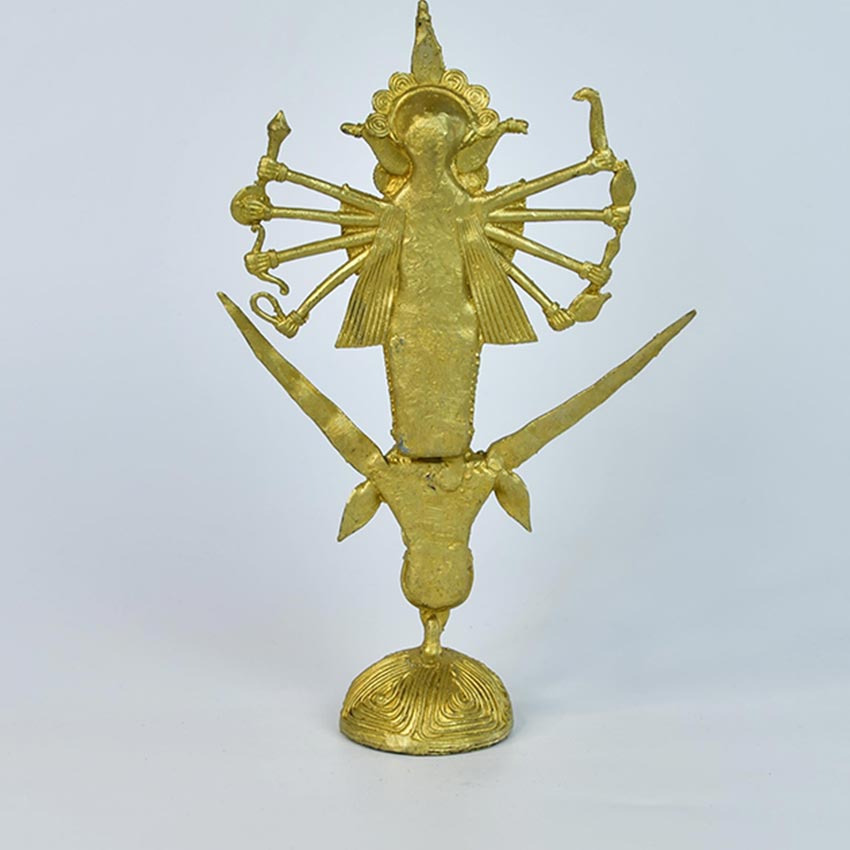 Dhokra Golden Goddess Durga Mahishasur Mardini Idol | 5 x 2 x 10 inches