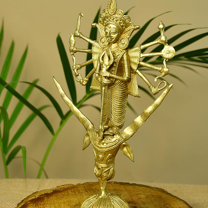 Dhokra Golden Goddess Durga Mahishasur Mardini Idol | 5 x 2 x 10 inches