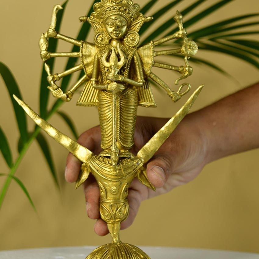 Dhokra Golden Goddess Durga Mahishasur Mardini Idol | 5 x 2 x 10 inches