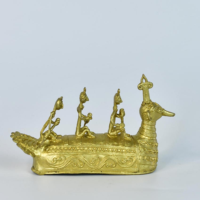 Premium Golden Dhokra Ancient Boat Decorative Object | 7 x 2 x 5 inches