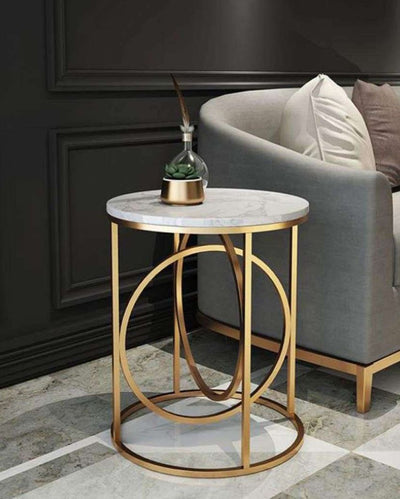 Double Ring Iron Side Table with Marble Top | 16 x 16 x 20 inches