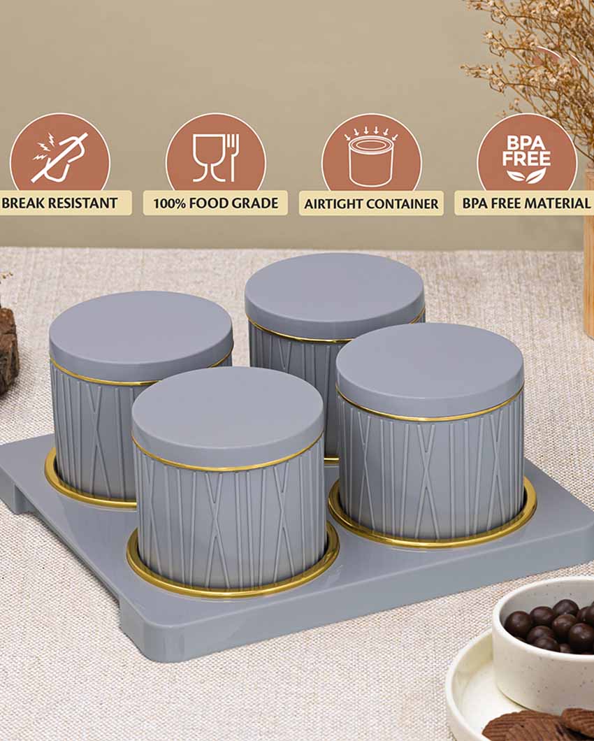 Timeless Dune Grey Polypropylene Four Containers With Tray | Set Of 4 | 450 ml | 13 x 9 inches