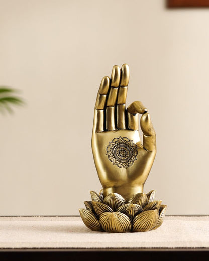 Golden Resin Buddha Lotus Palm Showpiece | 4 x 4 x 8 inches