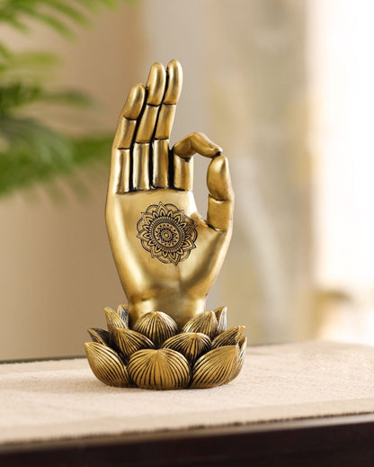 Golden Resin Buddha Lotus Palm Showpiece | 4 x 4 x 8 inches