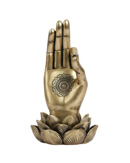 Golden Resin Buddha Lotus Palm Showpiece | 4 x 4 x 8 inches