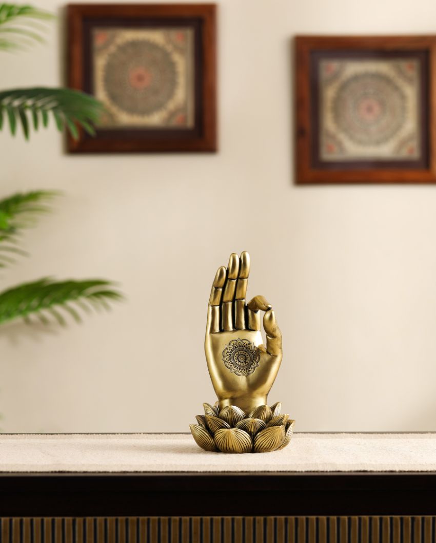 Golden Resin Buddha Lotus Palm Showpiece | 4 x 4 x 8 inches