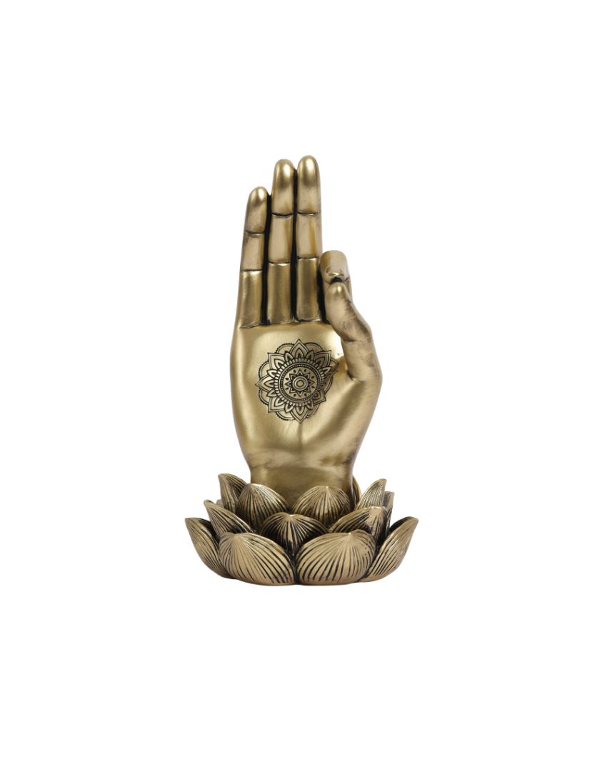 Golden Resin Buddha Lotus Palm Showpiece | 4 x 4 x 8 inches