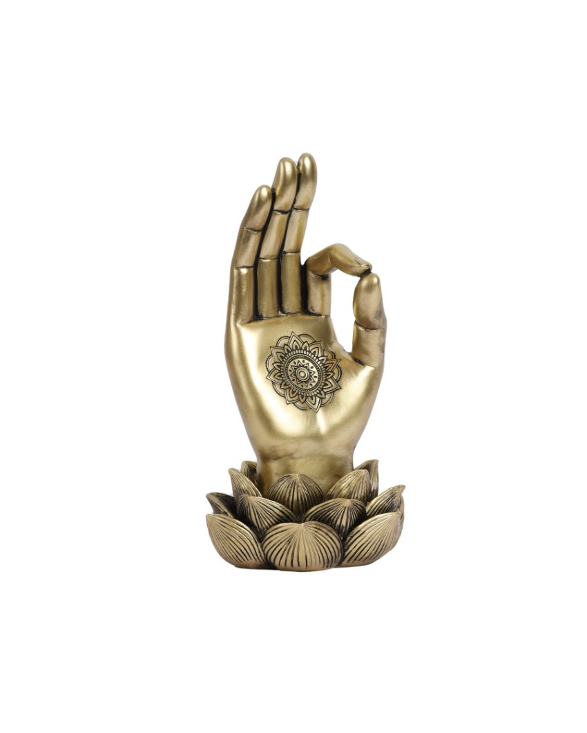 Golden Resin Buddha Lotus Palm Showpiece | 4 x 4 x 8 inches