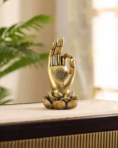 Golden Resin Buddha Lotus Palm Showpiece | 4 x 4 x 8 inches